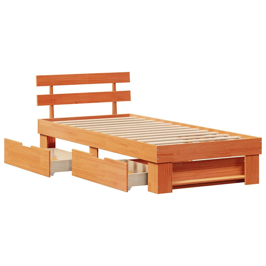 Bedframe met lade met hoofdeinde met opslag Wasbruin 75 x 190 cm Massief grenenhout