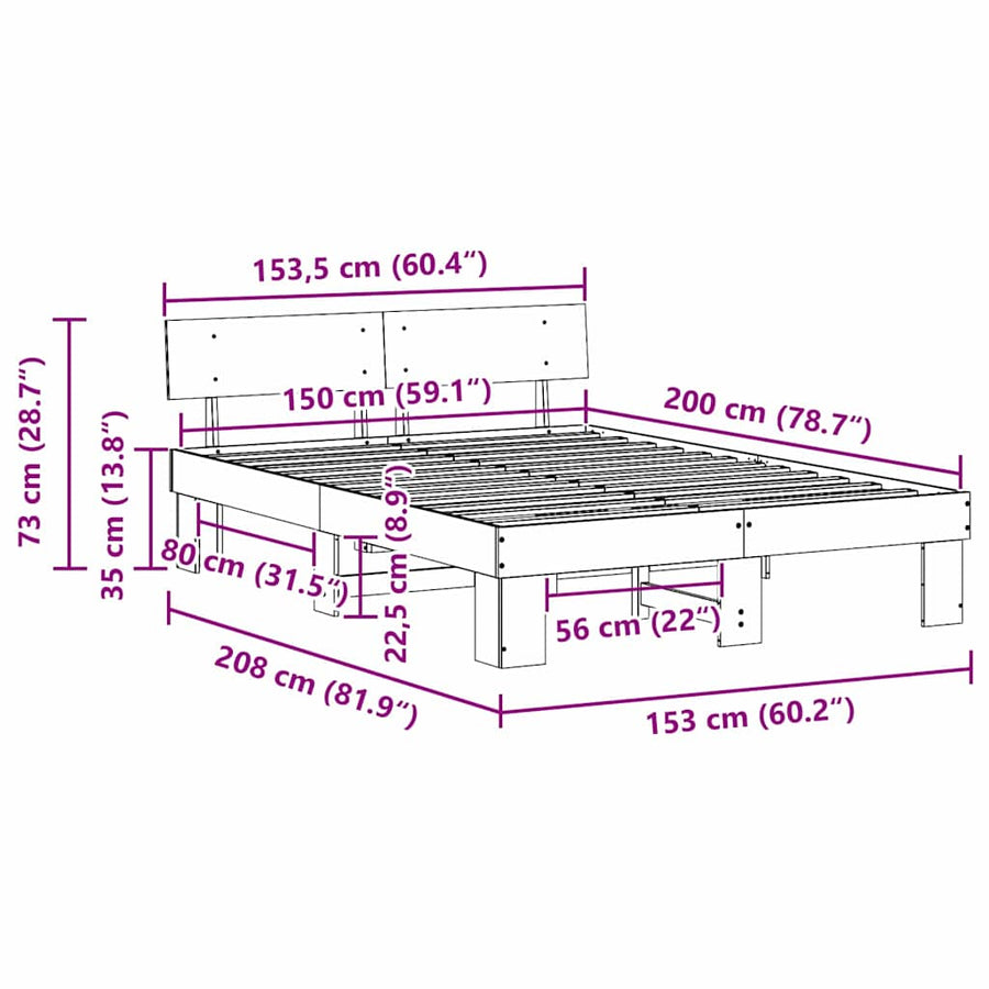 Bedframe met hoofdeinde Bruin 150 x 200 cm Massief grenenhout
