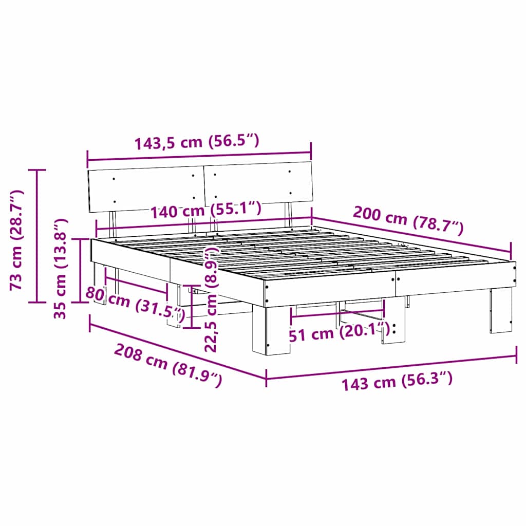 Bedframe met hoofdeinde Bruin 140 x 200 cm Massief grenenhout