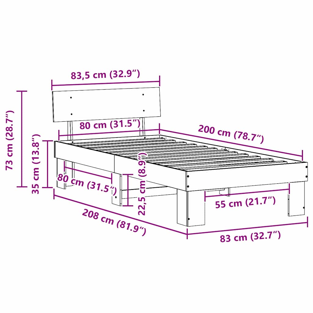 Bedframe met hoofdeinde Wit 80 x 200 cm Massief grenenhout