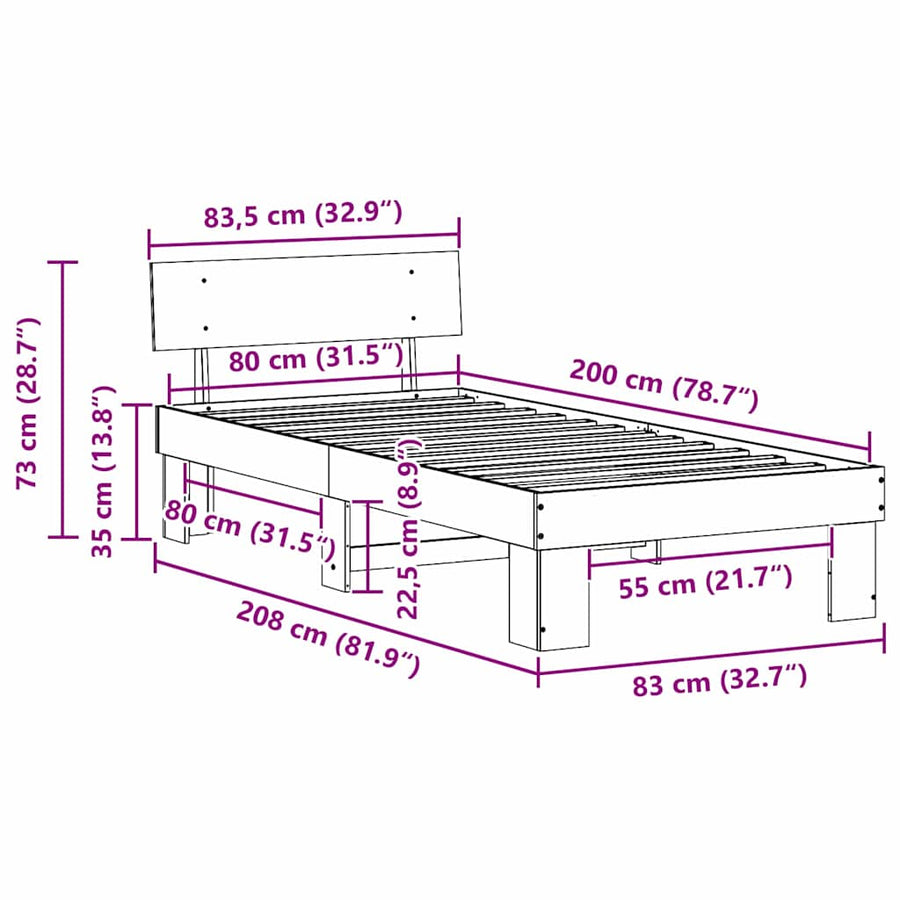 Bedframe met hoofdeinde Wit 80 x 200 cm Massief grenenhout