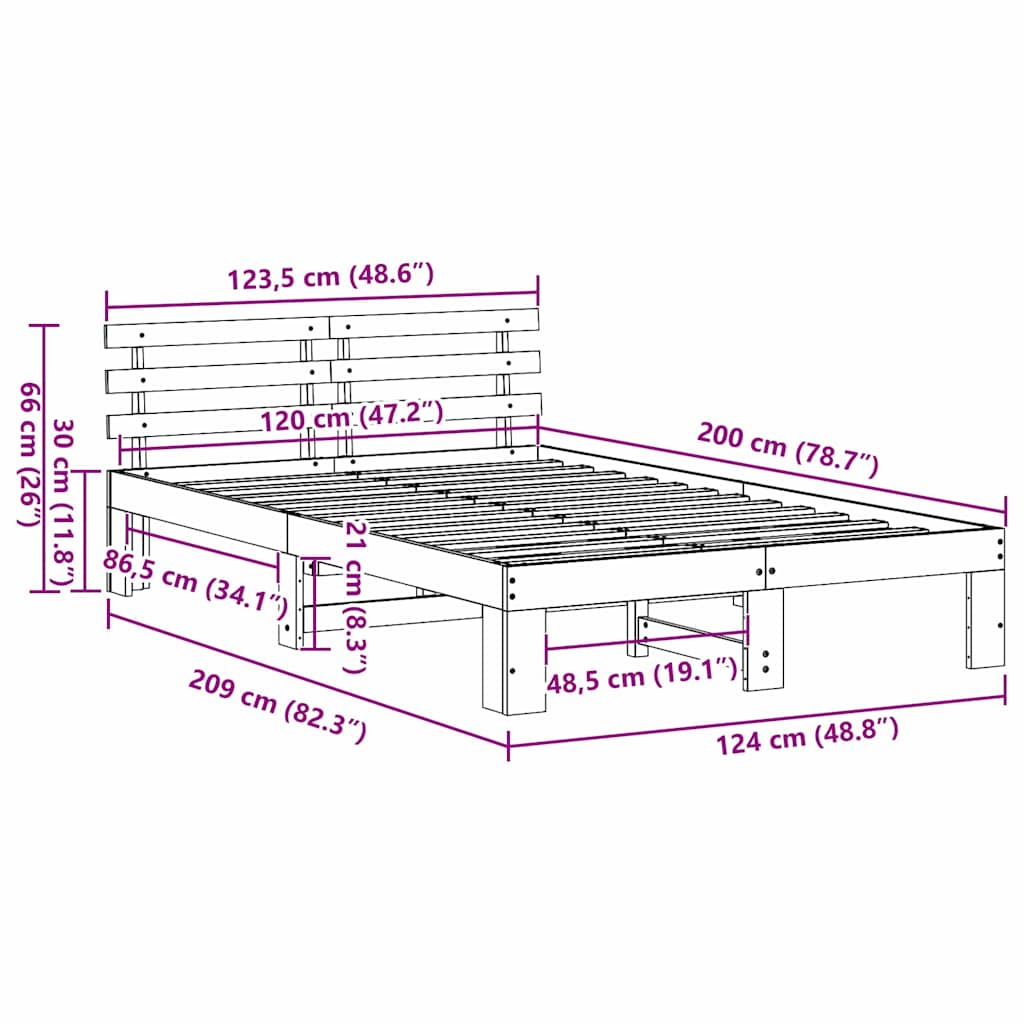 Bedframe met hoofdeinde Naturel 120 x 200 cm Massief grenenhout