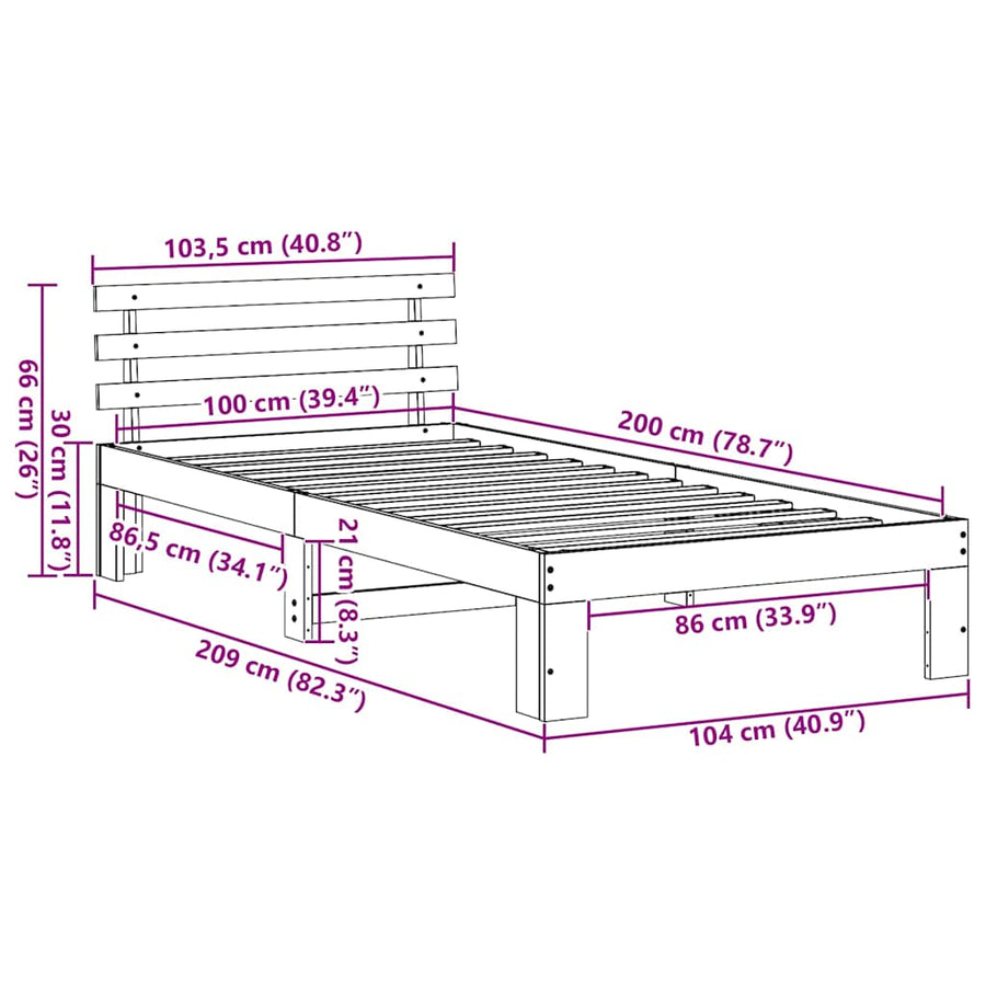 Bedframe met hoofdeinde Wit 100 x 200 cm Massief grenenhout