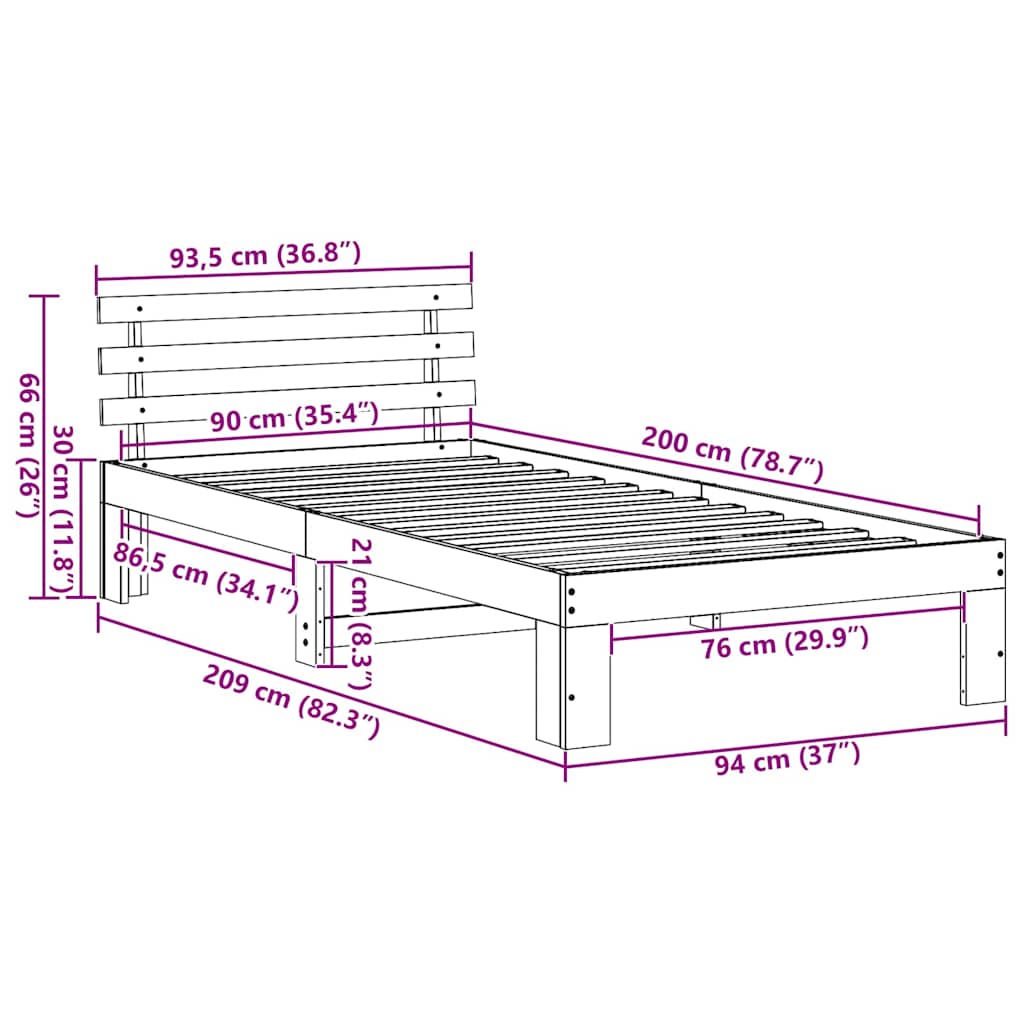 Bedframe met hoofdeinde Wit 90 x 200 cm Massief grenenhout