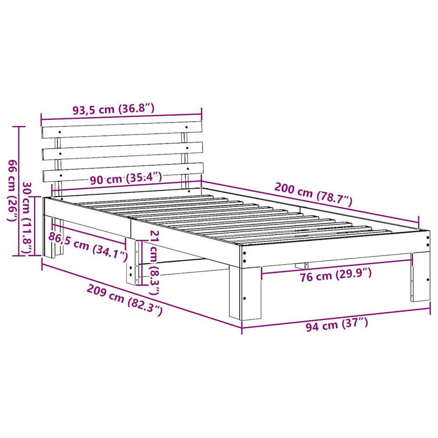 Bedframe met hoofdeinde Wit 90 x 200 cm Massief grenenhout