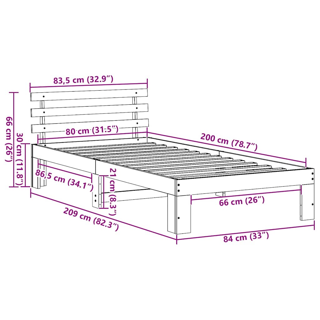 Bedframe met hoofdeinde Wit 80 x 200 cm Massief grenenhout