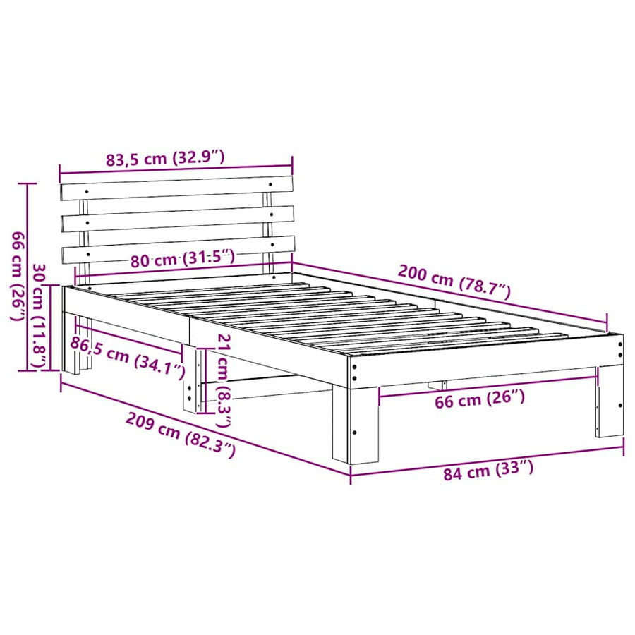 Bedframe met hoofdeinde Wit 80 x 200 cm Massief grenenhout