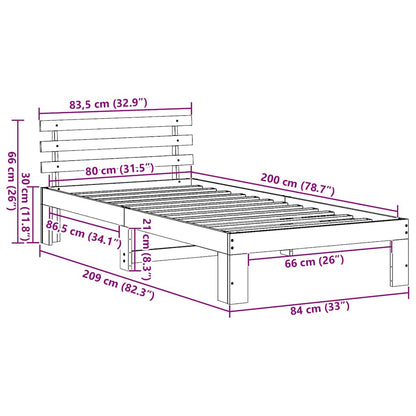 Bedframe met hoofdeinde Wasbruin 80 x 200 cm Massief grenenhout