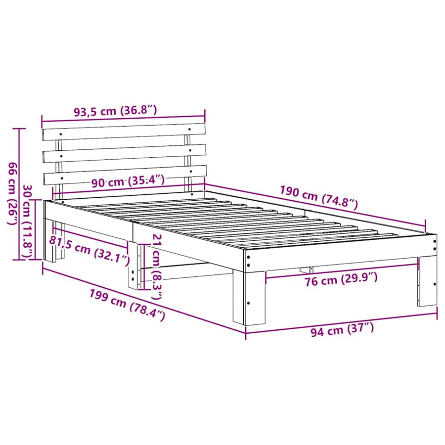 Bedframe met hoofdeinde Wit 90 x 190 cm Massief grenenhout