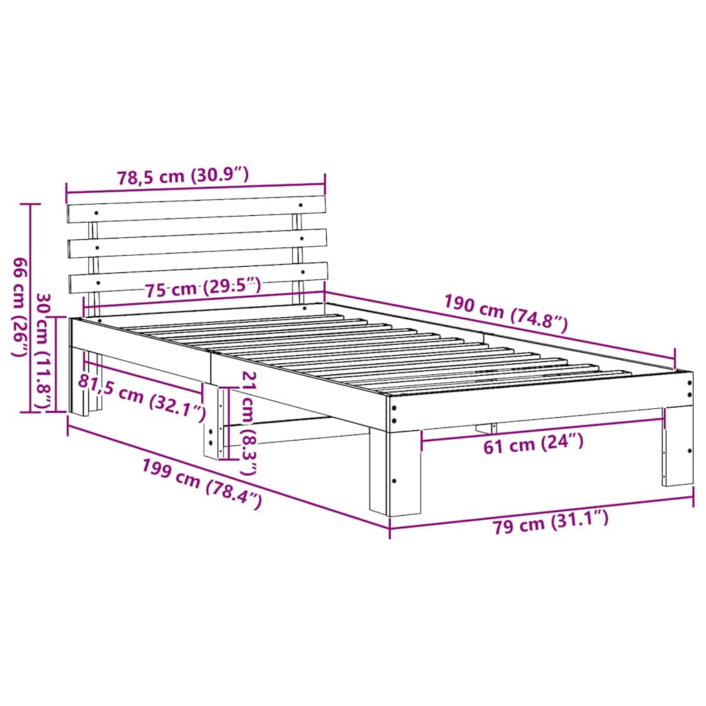 Bedframe met hoofdeinde Naturel 75 x 190 cm Massief grenenhout