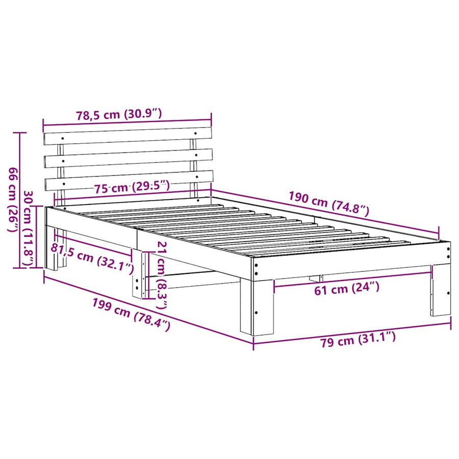 Bedframe met hoofdeinde Wasbruin 75 x 190 cm Massief grenenhout