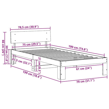 Bedframe met hoofdbord 75x190 cm van massief grenenhout