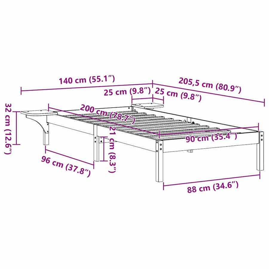 Bedframe met nachttafels Bruin 90 x 200 cm Wasbruin