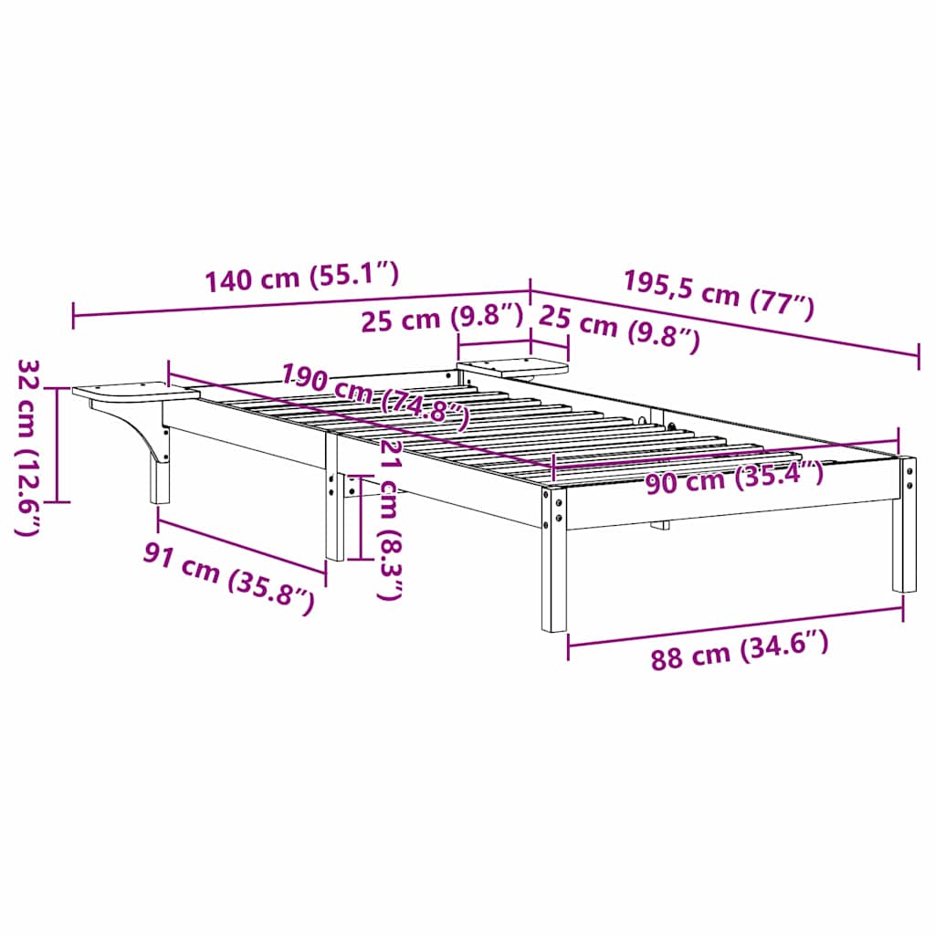 Bedframe met nachttafels Bruin 90 x 190 cm Wasbruin
