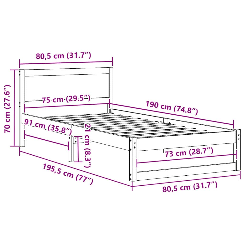 Bedframe met Hoofdeinde Wasbruin 75x190 cm Massief Vurenhout