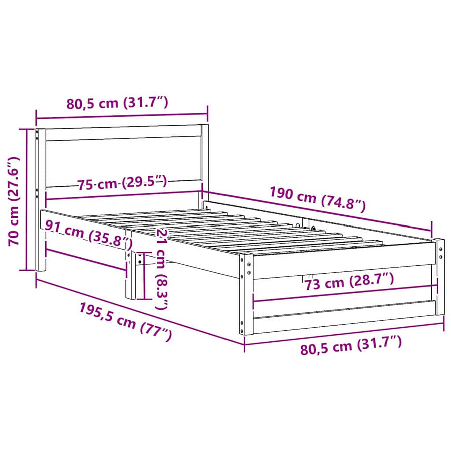 Bedframe met Hoofdeinde Wasbruin 75x190 cm Massief Vurenhout