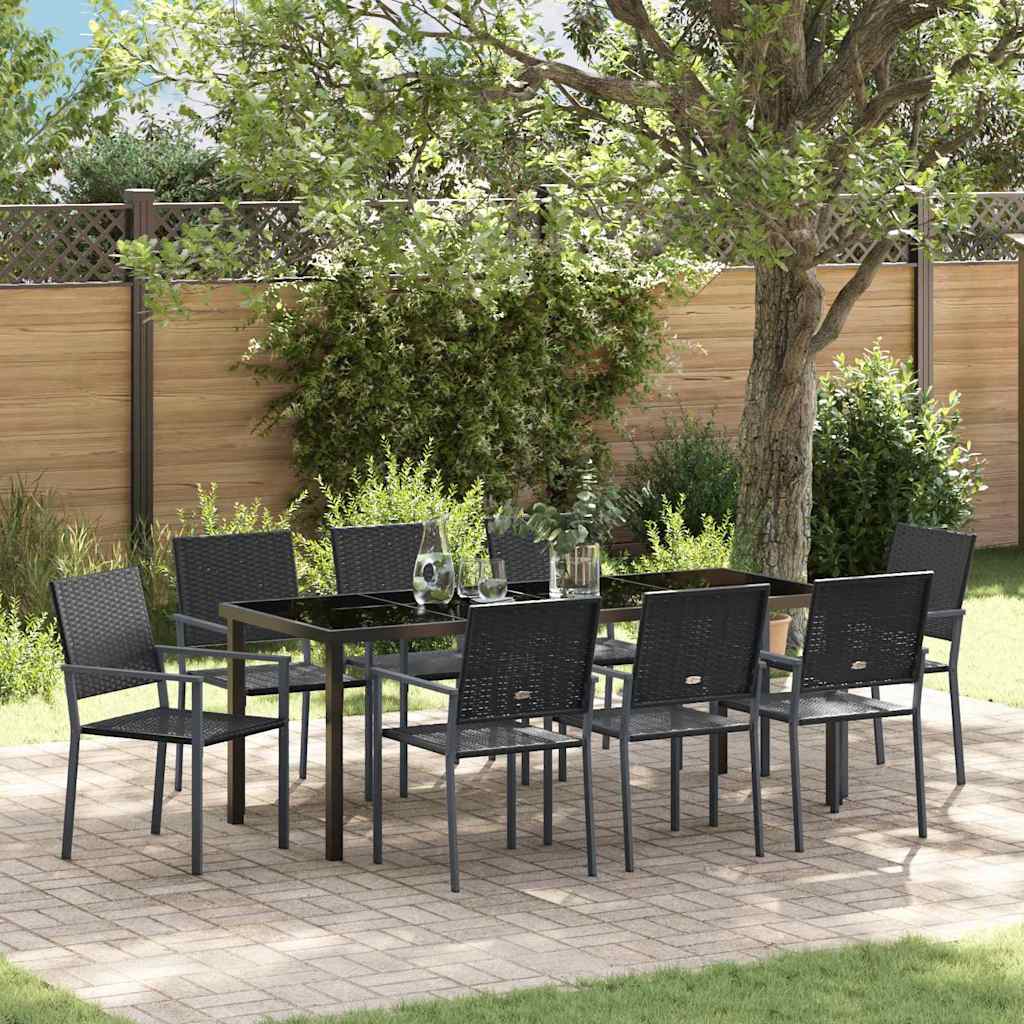 Tuin eettafelset 9 pcs Zwart PE Rattan