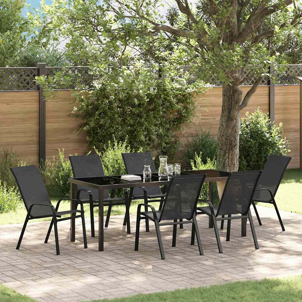 Tuin Eettafelset 7 Pcs Poedercoating Staal 6-persoons Zwart 200 cm