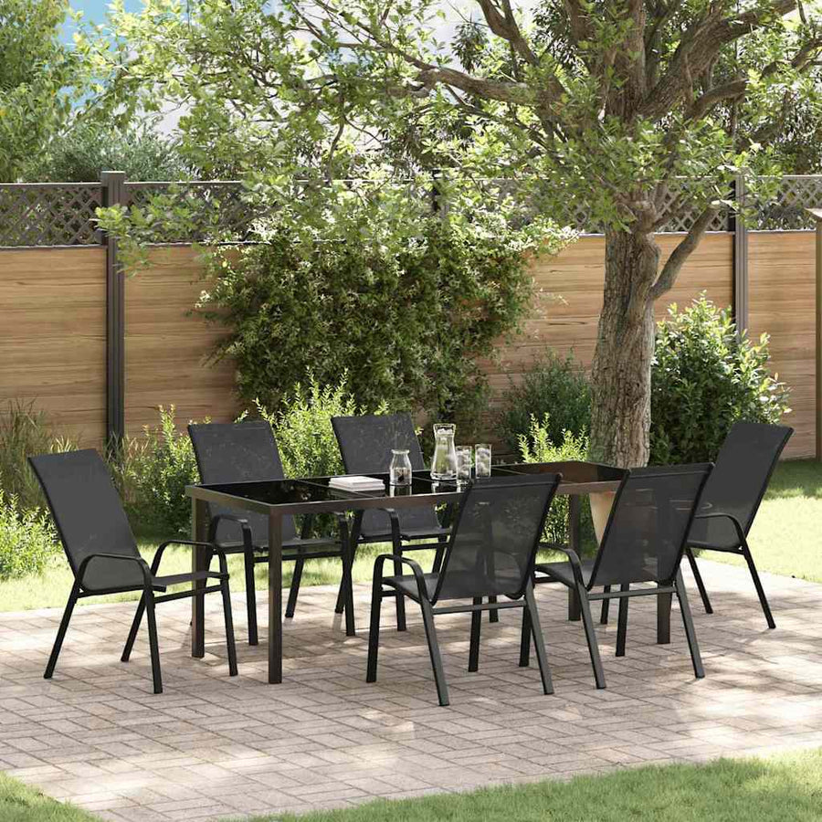 Tuin Eettafelset 7 Pcs Poedercoating Staal 6-persoons Zwart 200 cm