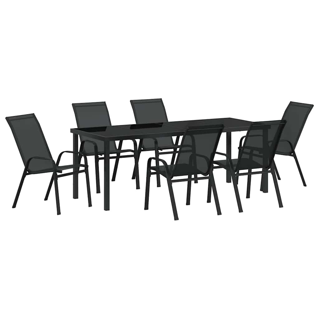 Tuin Eettafelset 7 Pcs Poedercoating Staal 6-persoons Zwart 200 cm