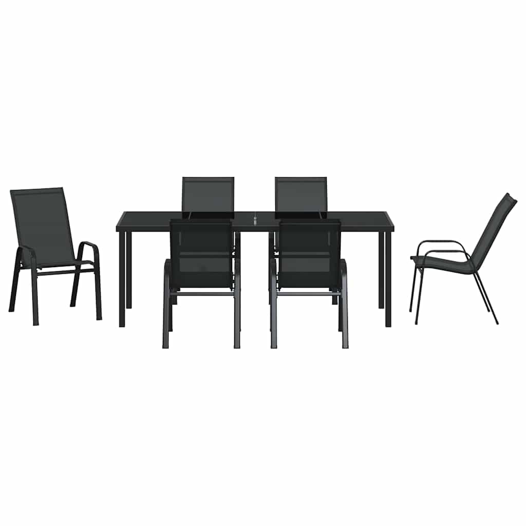 Tuin Eettafelset 7 Pcs Poedercoating Staal 6-persoons Zwart 200 cm