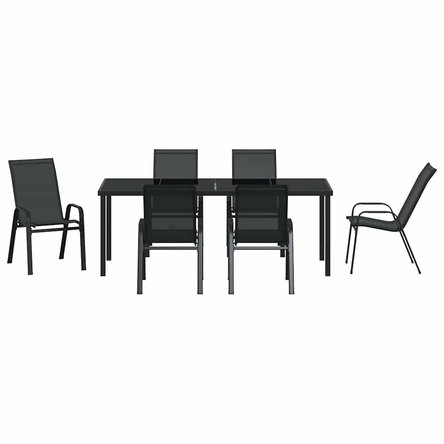 Tuin Eettafelset 7 Pcs Poedercoating Staal 6-persoons Zwart 200 cm