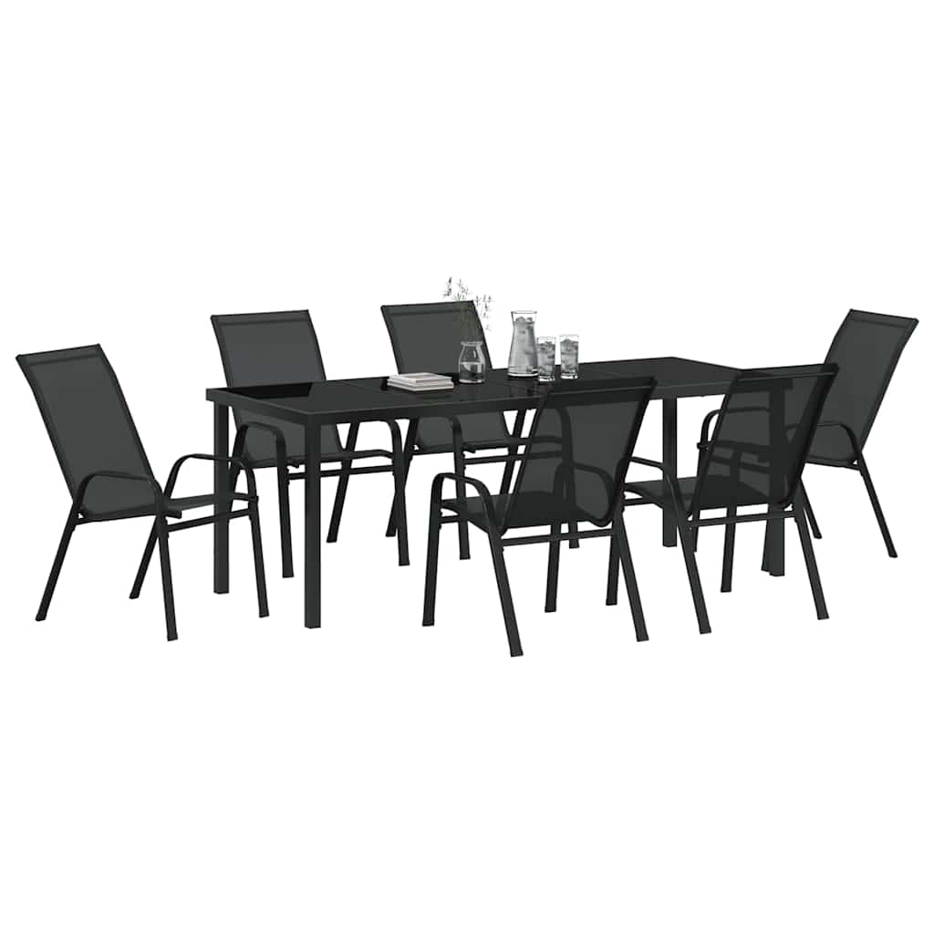 Tuin Eettafelset 7 Pcs Poedercoating Staal 6-persoons Zwart 200 cm