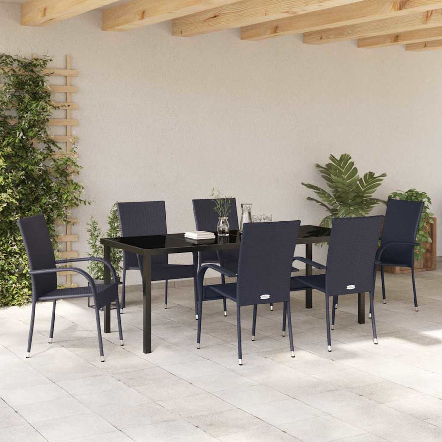 Tuin Eettafelset 7 Pcs Gepoedercoat Staal 6-persoons Zwart 200 cm