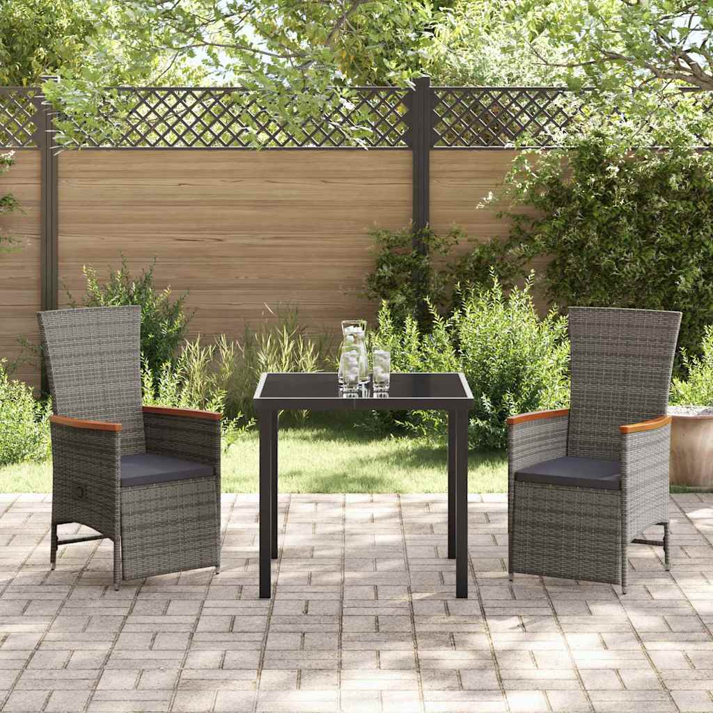 Tuin eettafelset met kussen 3 pcs Grijs poly rattan