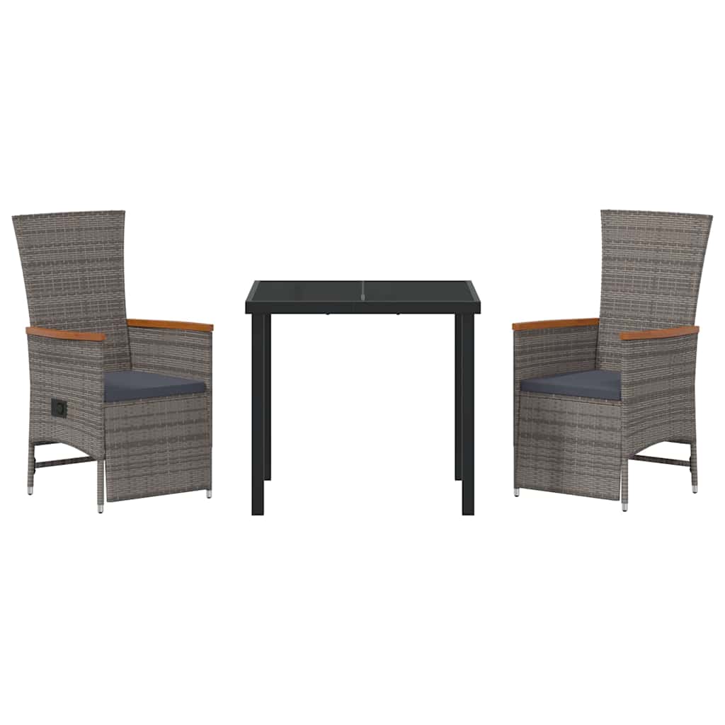 Tuin eettafelset met kussen 3 pcs Grijs poly rattan
