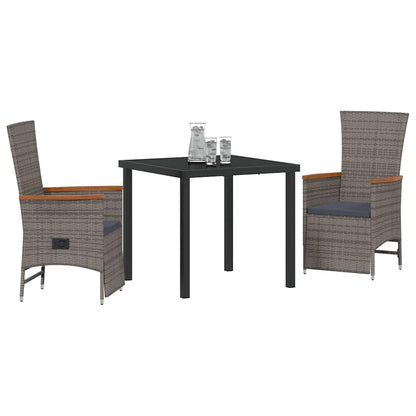 Tuin eettafelset met kussen 3 pcs Grijs poly rattan