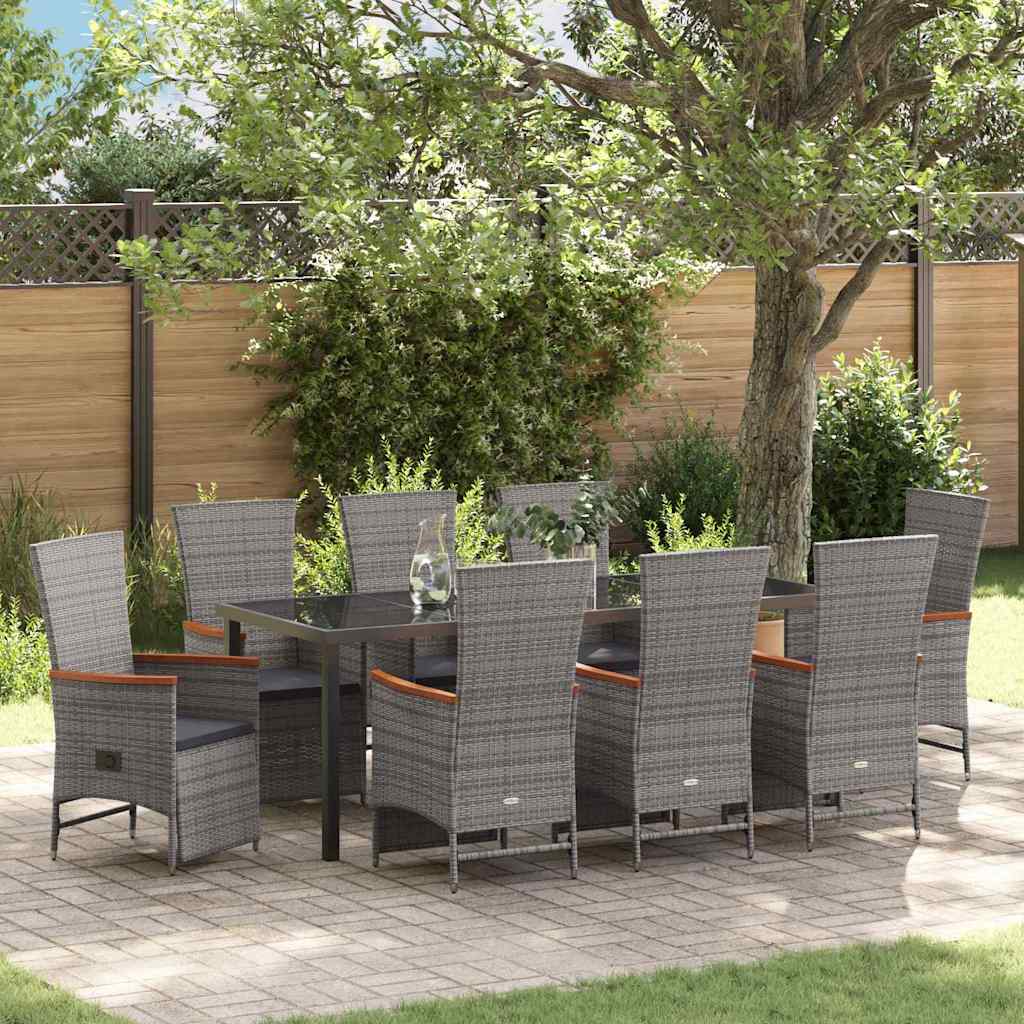 Tuin eettafelset met kussen 9 pcs Grijs poly rattan
