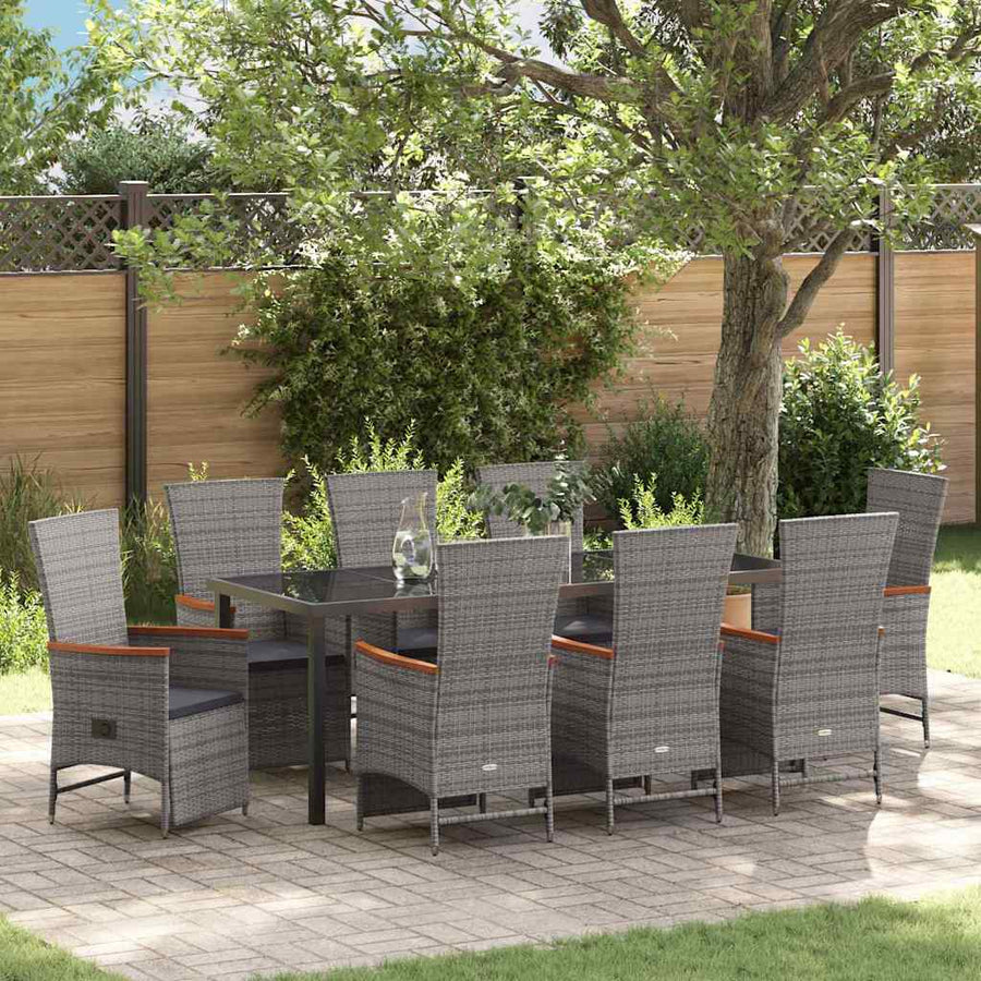 Tuin eettafelset met kussen 9 pcs Grijs poly rattan