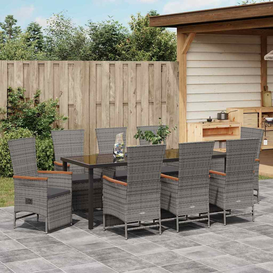 Tuin eettafelset met kussen 9 pcs Grijs poly rattan