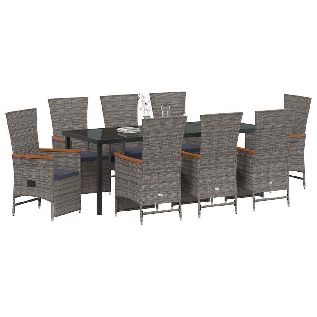 Tuin eettafelset met kussen 9 pcs Grijs poly rattan