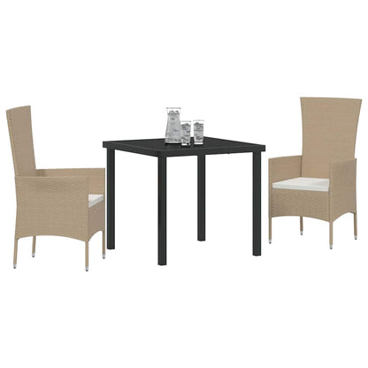 Tuin eettafelset met kussen 3 pcs Beige poly rattan