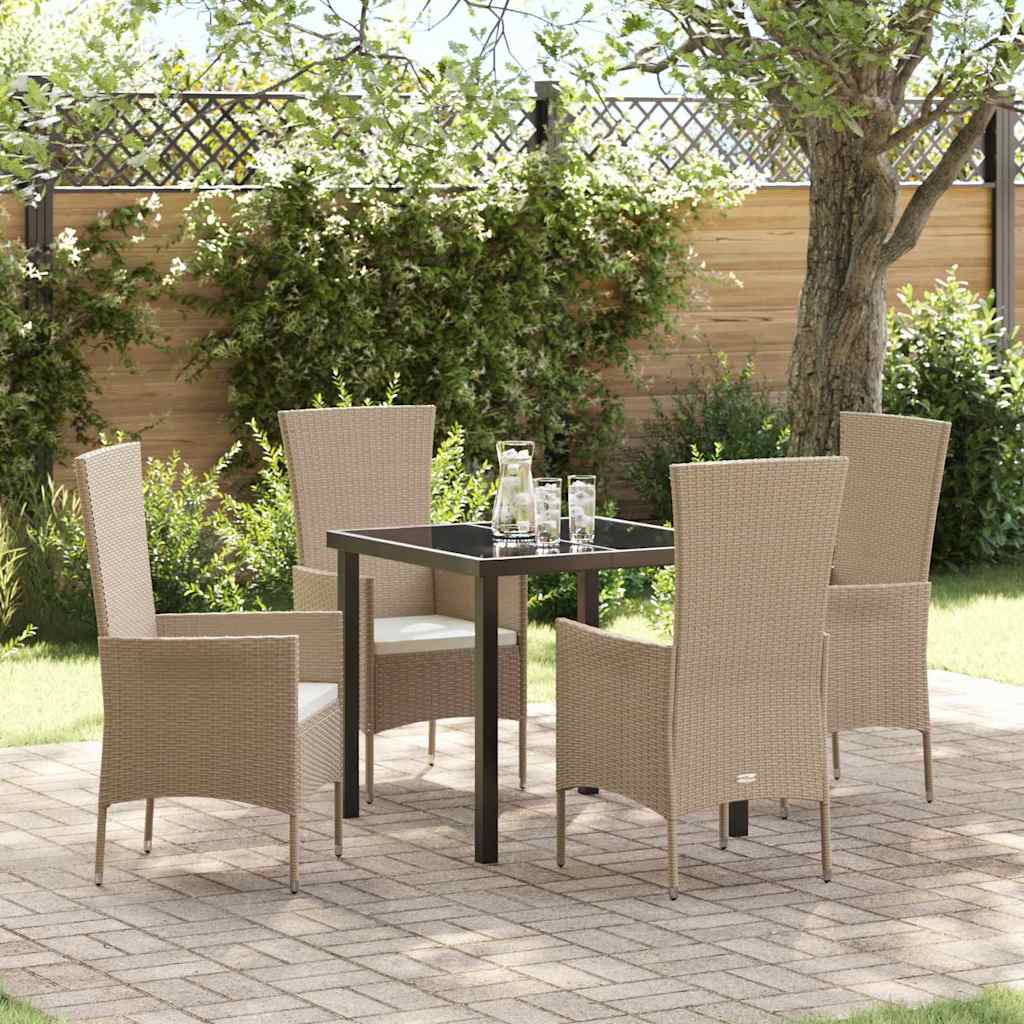Tuin eettafelset met kussen 5 pcs Beige poly rattan