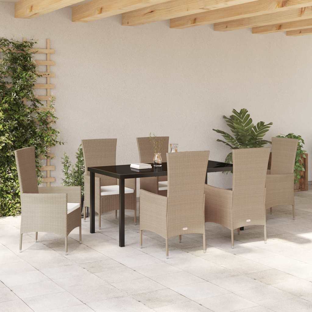 Tuin eettafelset met kussen 7 pcs Beige poly rattan