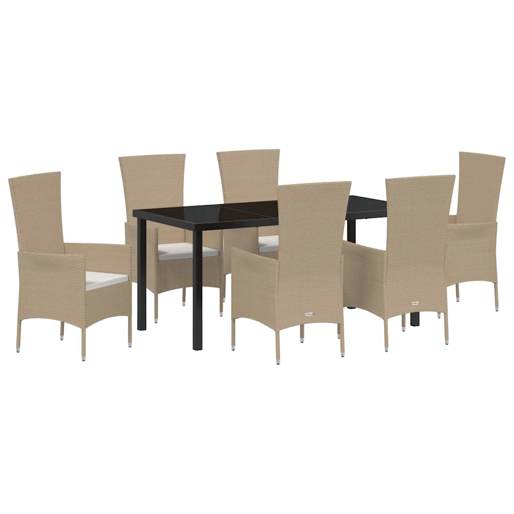 Tuin eettafelset met kussen 7 pcs Beige poly rattan