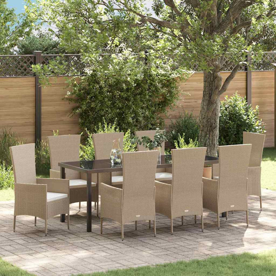 Tuin Eettafelset Met Kussen 9 Pcs Beige Poly Rattan