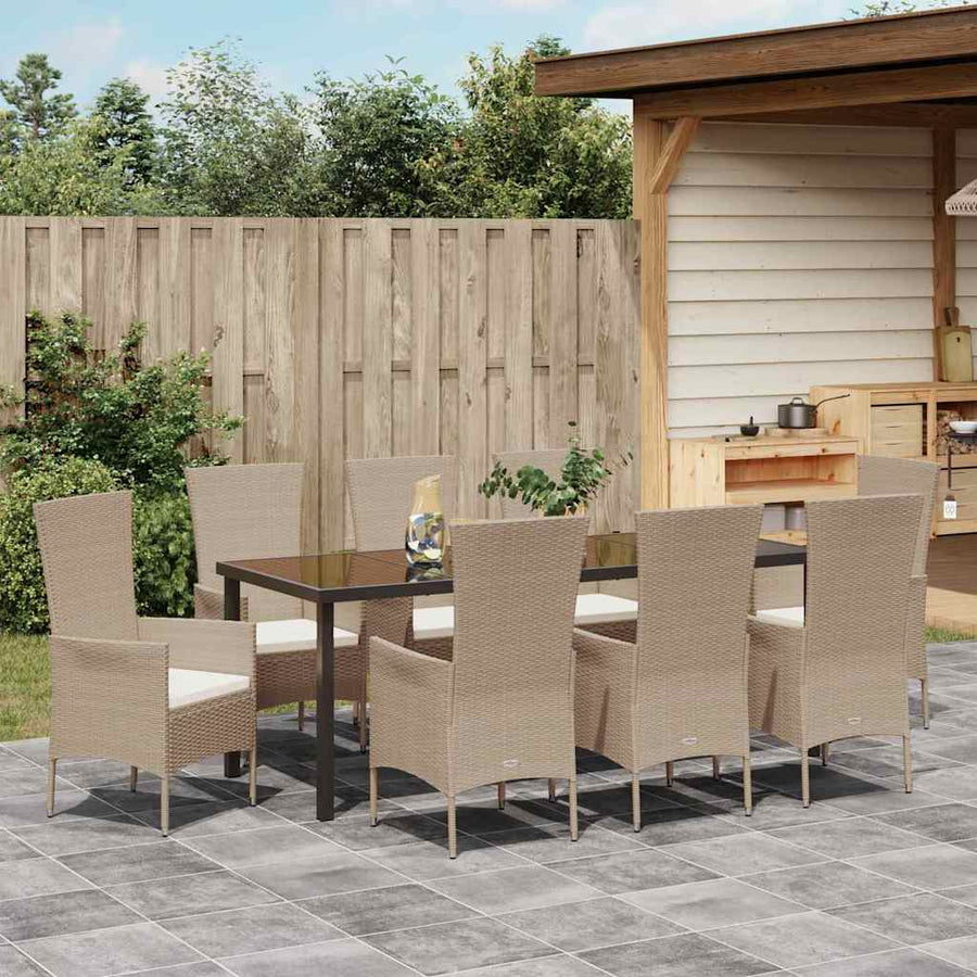Tuin Eettafelset Met Kussen 9 Pcs Beige Poly Rattan