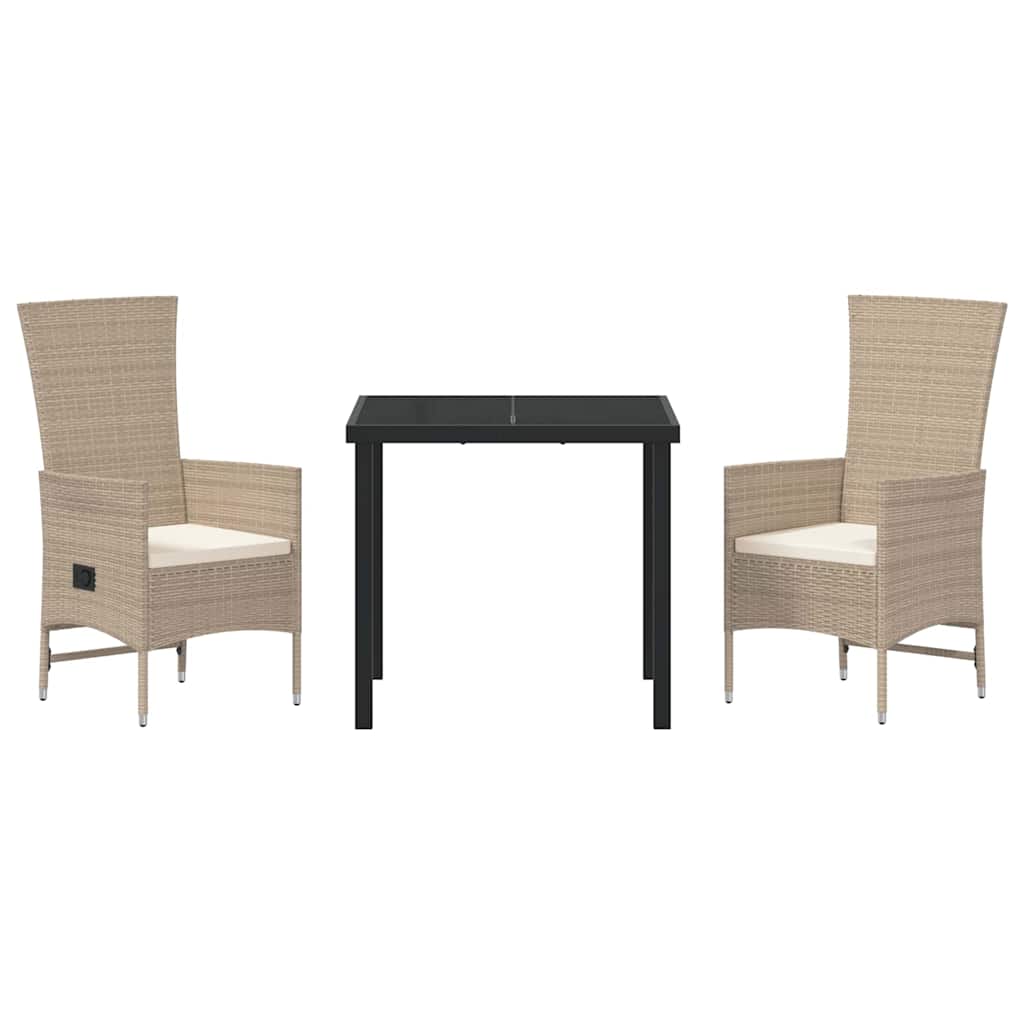 Tuin eettafelset met kussen 3 pcs Beige poly rattan