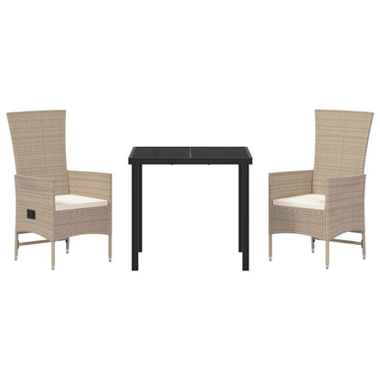 Tuin eettafelset met kussen 3 pcs Beige poly rattan