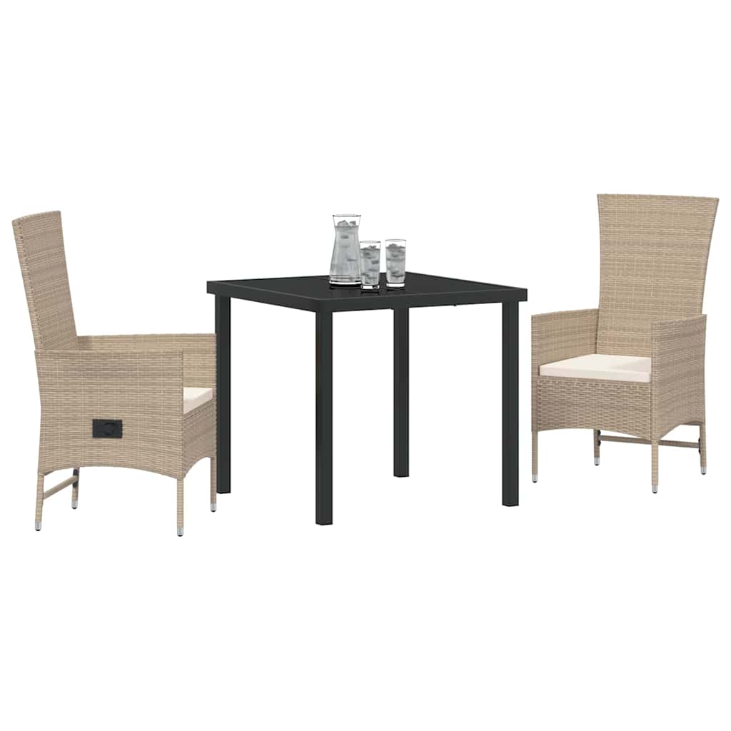 Tuin eettafelset met kussen 3 pcs Beige poly rattan