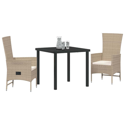 Tuin eettafelset met kussen 3 pcs Beige poly rattan