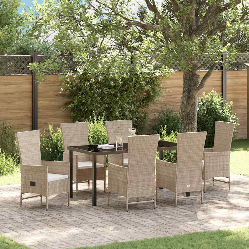 Tuin eettafelset met kussen 7 pcs Beige poly rattan