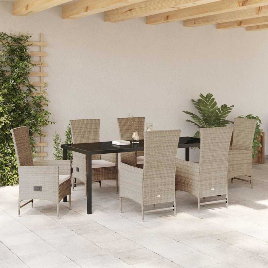 Tuin eettafelset met kussen 7 pcs Beige poly rattan