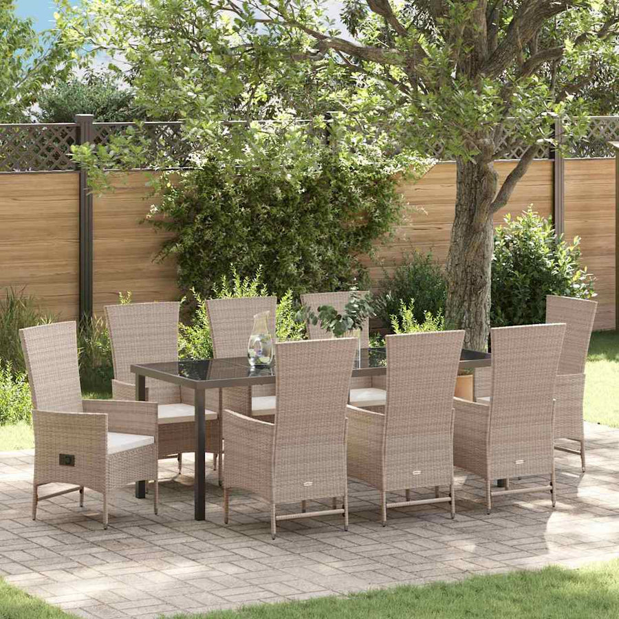 Tuin eettafelset met kussen 9 pcs Beige poly rattan