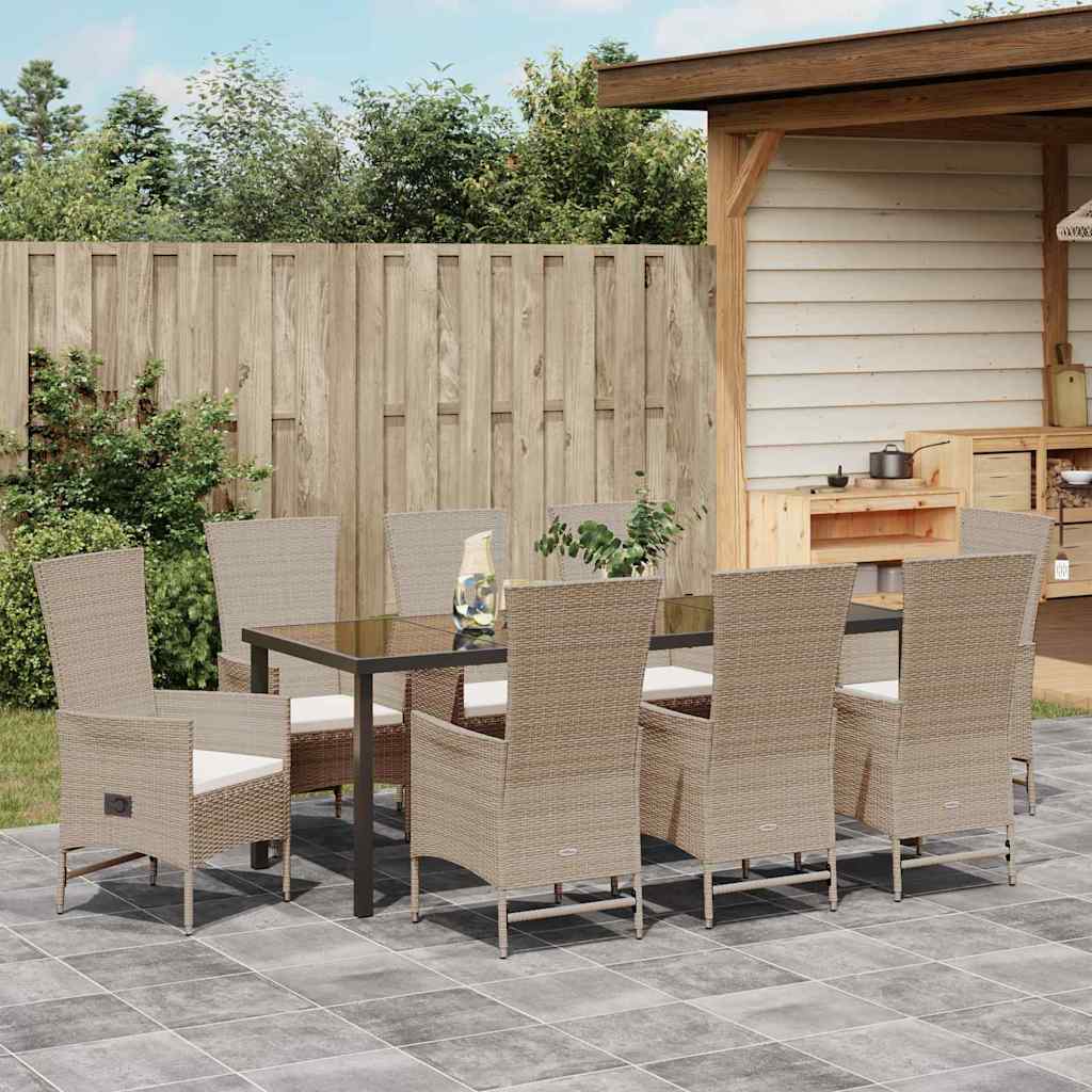 Tuin eettafelset met kussen 9 pcs Beige poly rattan