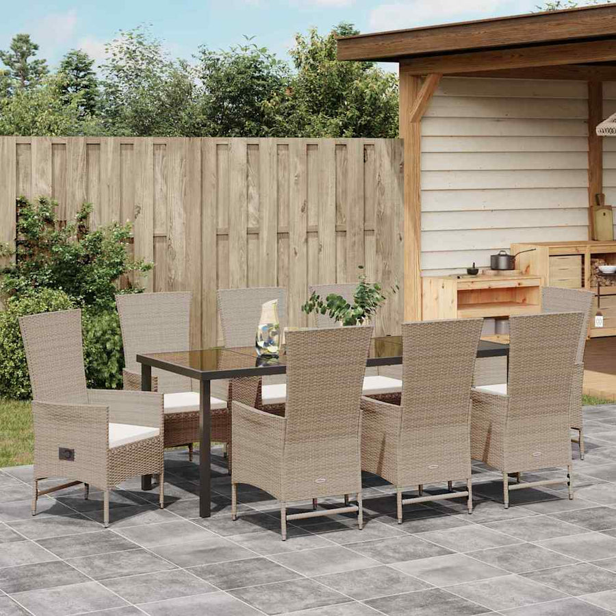 Tuin eettafelset met kussen 9 pcs Beige poly rattan